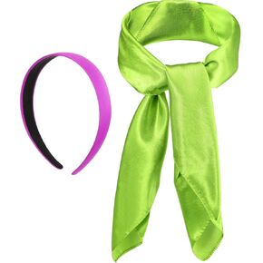 Jutom Halloween Costume Women Purple 1 Inch Wide Satin Headband and Green Silk Square Scarf Pure Color Head Scarf for Cosplay Party