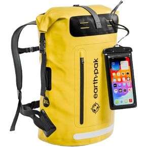 Earth Pak Waterproof Backpack - Heavy Duty Hiking Backpack - Roll-Top Closure - Waterproof Bag - Cushioned Dry Bags Waterproof w/ IPX8 Waterproof Phone Case - Wet Bag for Hiking, Kayak (Yellow, 55L)