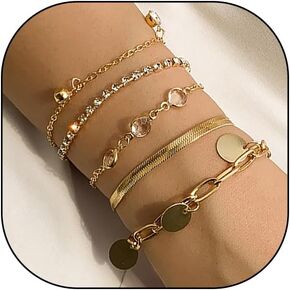 Gold Stackable Bracelets Set for Women Teen Girls, Trendy Multi Layer Adjustable Pendant Chain Bracelets Set, Dainty 14k Gold Cubic Zirconia Jewelry Gifts