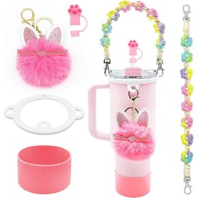 مجموعة إكسسوارات كأس ستانلي - حزام منسوج لمقبض زجاجة المياه، حذاء كأس ستانلي من السيليكون، غطاء بمصاصة مخلب القط ستانلي، سحر ستانلي - مثالي لكوب ستانلي 40 أونصة و30 أونصة (وردي) in Kuwait