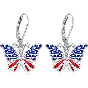 American Flag Butterfly Earrings Sterling Silver 4th of July Patriotic Earrings Independence Day Jewelry Gifts for Women