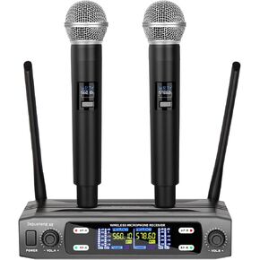 Depusheng Wireless Microphone System, VHF Fixed Dual Frequency Wireless Set with 2 Handheld Dynamic Transmitter Wireless Mic Set for Singing, Karaoke, Church, DJ,200ft Range