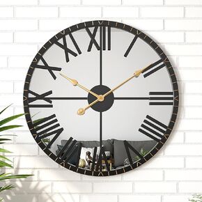 Modern Mirror Wall Clock, Large Vintage Retro Wall Decor, Metal Frame Big Silent Non Ticking Clock for Living Room Decor, Kitchen, Bedroom, Study Decoration, 24 Inch
