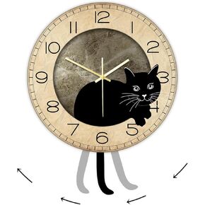 Black Cat Pendulum Wall Clock, Funny Cat Swinging Clock with Moving Tail Silent Non Ticking Battery Operated Creative DIY Cat Acrylic Wall Clock with Pendulum Swing Tail Gift for Cat Lovers