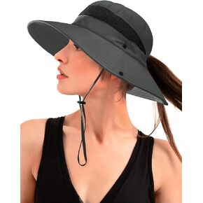 Sun Hat with Two Ponytail Hole for Women, Womens UV Protection Wide Brim Foldable Waterproof Beach Bucket Fishing Safari Hat