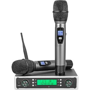 LiNKFOR Wireless Microphone System, Dual Channel UHF Cordless Microphone, 2 * 100 Channels, Portable Handheld Mics, 328ft Transmisson Range, Infrared Pairing, Ideal for Karaoke, DJ, Wedding
