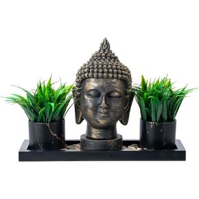 MyGift 7 Inch Antique Brass Tone Buddha Head Sculpture Decorative Centerpiece Set with 2 Artificial Green Grass Plants in Ceramic Pots and Black Wooden Display Tray