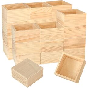 24 Pack Square Wood Box Unfinished Small Wooden Boxes for Crafts (Outer 3.7X 3.7X 2 in,Interior 3.2 x 3.2 x1.9 in)