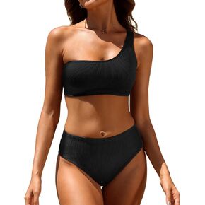 Tempt Me Women Two Piece Swimsuits Ribbed One Shoulder Bikini Sets Mid Waist Bathing Suit