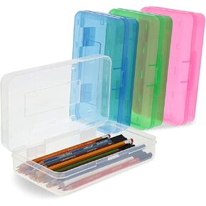 Juvale 4-Pack Large Capacity Plastic Pencil Boxes for Student School Pens, Markers, Crayons, Colorful Clear Stackable Cases for Office Supplies, Storage Organizer (8.1x4.8x2.4 in)