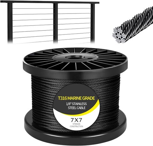 THYSSEN 500FT T316 1/8 "كابل أسود من الفولاذ المقاوم للصدأ 7 × 7 خيوط بناء مقاوم للاهتراء، مضاد للأكسدة مناسب للدرابزين، سطح السفينة، أجهزة درابزين الكابلات، كابل سلك حبل الطائرة للتعليق in Kuwait