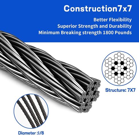 THYSSEN 500FT T316 1/8 "كابل أسود من الفولاذ المقاوم للصدأ 7 × 7 خيوط بناء مقاوم للاهتراء، مضاد للأكسدة مناسب للدرابزين، سطح السفينة، أجهزة درابزين الكابلات، كابل سلك حبل الطائرة للتعليق in Kuwait