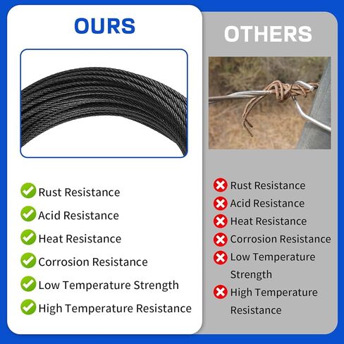 THYSSEN 500FT T316 1/8 "كابل أسود من الفولاذ المقاوم للصدأ 7 × 7 خيوط بناء مقاوم للاهتراء، مضاد للأكسدة مناسب للدرابزين، سطح السفينة، أجهزة درابزين الكابلات، كابل سلك حبل الطائرة للتعليق in Kuwait