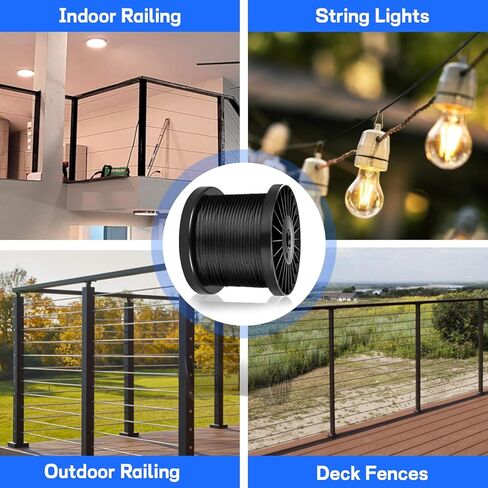 THYSSEN 500FT T316 1/8 "كابل أسود من الفولاذ المقاوم للصدأ 7 × 7 خيوط بناء مقاوم للاهتراء، مضاد للأكسدة مناسب للدرابزين، سطح السفينة، أجهزة درابزين الكابلات، كابل سلك حبل الطائرة للتعليق in Kuwait