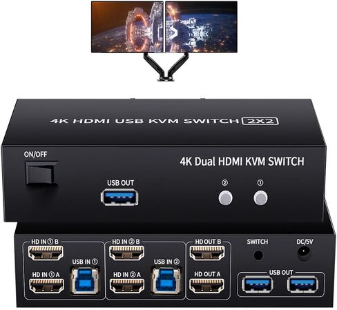 2 HDMI Port KVM Switch Dual Monitor with 3 USB 3.0 Ports, HDMI KVM Switch for 2 Monitors 2 Computers, Support 4K@60Hz Copy Extended Splicing Display, Button Controller & 2 USB Cables Included in Kuwait