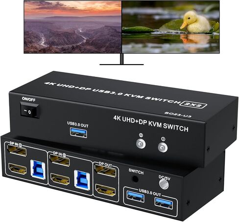 Dual Monitor HDMI + DisplayPort KVM Switch 2 Monitors 2 Computers with 3 USB 3.0 Ports, Support 4K@60Hz Copy Extended Splicing Display, Wired Extension Button & 2 USB Cables Included in Saudi Arabia