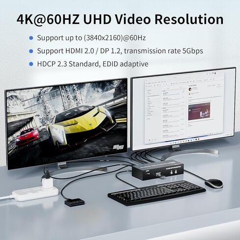 Dual Monitor HDMI + DisplayPort KVM Switch 2 Monitors 2 Computers with 3 USB 3.0 Ports, Support 4K@60Hz Copy Extended Splicing Display, Wired Extension Button & 2 USB Cables Included in Saudi Arabia