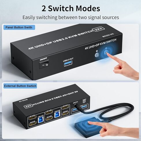 Dual Monitor HDMI + DisplayPort KVM Switch 2 Monitors 2 Computers with 3 USB 3.0 Ports, Support 4K@60Hz Copy Extended Splicing Display, Wired Extension Button & 2 USB Cables Included in Saudi Arabia