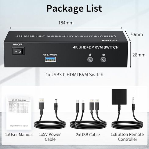 Dual Monitor HDMI + DisplayPort KVM Switch 2 Monitors 2 Computers with 3 USB 3.0 Ports, Support 4K@60Hz Copy Extended Splicing Display, Wired Extension Button & 2 USB Cables Included in Saudi Arabia