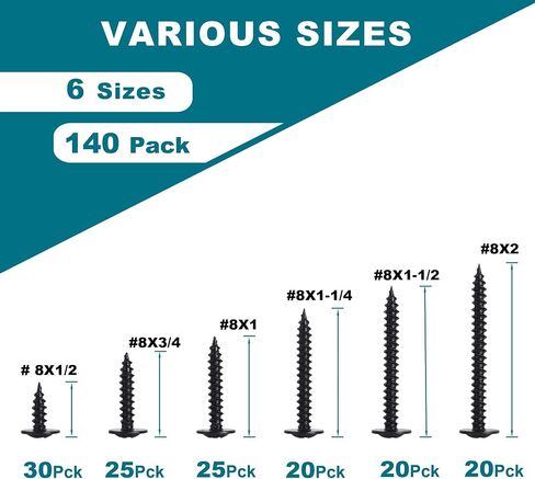 ALLWIN #8 Black Wood Screws Assortment Kit - 140 Pcs Modified Truss Head Wood Screws, Small Wood Screws - 1/2", 3/4", 1", 1-1/4", 1-1/2", 2" in Saudi Arabia