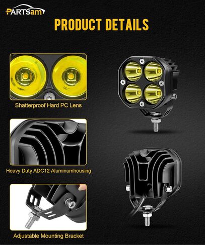 partsam 3 بوصة القرون الصفراء الضباب الخفيف، 30 واط مكعبات مقاومة للماء الطرق الوعرة كري LED القرون بقعة أضواء الخندق الفيضانات، مربع أضواء الطريق على الطرق الوعرة لشاحنة بيك اب سيارات الدفع الرباعي ATV UTV قارب رافعة شوكية 4x4 دراجة نارية، حزمة من 2 in Saudi Arabia