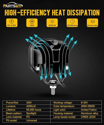 partsam 3 بوصة القرون الصفراء الضباب الخفيف، 30 واط مكعبات مقاومة للماء الطرق الوعرة كري LED القرون بقعة أضواء الخندق الفيضانات، مربع أضواء الطريق على الطرق الوعرة لشاحنة بيك اب سيارات الدفع الرباعي ATV UTV قارب رافعة شوكية 4x4 دراجة نارية، حزمة من 2 in Saudi Arabia