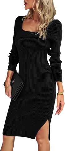 VintageClothing Women's 2023 Fall Long Sleeve Sweater Dress Square Neck Side Slit Bodycon Ribbed Knit Slim Fit Midi Dress in Kuwait