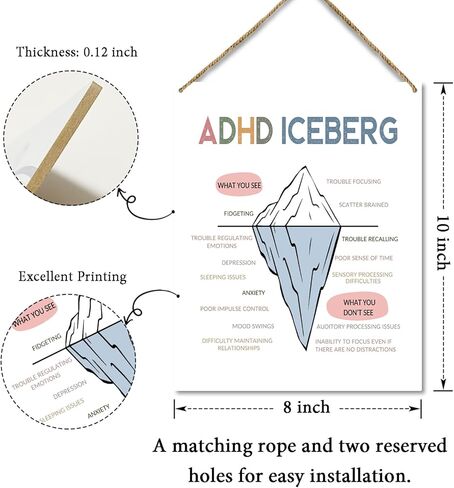 ديكور المنزل لوحة خشبية لافتة تعليق على الحائط، ADHD جبل جليدي، الصحة العقلية العلاج الملون استشارات مكتب ديكور باب خشبي معلق لافتة (قطعة واحدة)، هدية فنية تحفيزية للعطلات للدراسة المدرسية -21 in Kuwait