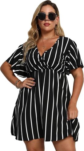 Women's Plus Size Summer Dress Striped Print Wrap V Neck Short Sleeve A Line Spring Dress in Saudi Arabia