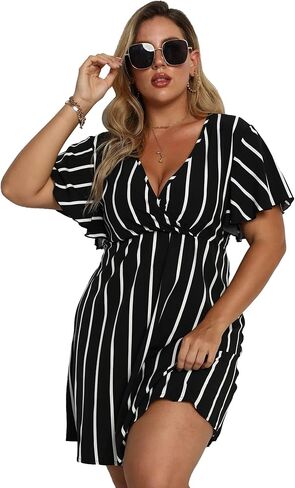 Women's Plus Size Summer Dress Striped Print Wrap V Neck Short Sleeve A Line Spring Dress in Saudi Arabia