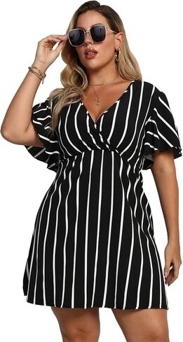 Women's Plus Size Summer Dress Striped Print Wrap V Neck Short Sleeve A Line Spring Dress in Saudi Arabia