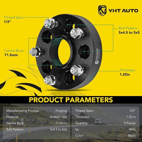 محولات عجلة مركزية YHTAUTO 5x4.5 إلى 5x5 مقاس 1.25 بوصة تناسب XJ ZJ KJ KK YJ TJ Jeep Wrangler، Grand Cherokee، Cherokee، Mustang، Ranger، Explorer، فواصل الإطارات مع 1/2"-20 مسامير، تجويف محور 71.5 مم in Saudi Arabia