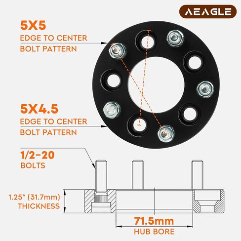 محولات عجلات AEagle 5x4.5 إلى 5x5، 1.25 بوصة 5x114.3 مم إلى 5x127 مم لموديلات Jeep Ford وXJ MJ ZJ KJ KK TJ YJ مزورة 5 فواصل عجلات مع 1/2-20 مسامير 71.5 مم تتحمل 4 قطع in Saudi Arabia