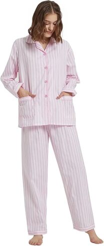 طقم بيجامات نسائي من القطن بنسبة 100% بأكمام طويلة وأزرار سفلية pjs مكونة من قطعتين ملابس نوم بأزرار وملابس نوم بجامة خصر برباط سفلي in Kuwait