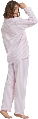 طقم بيجامات نسائي من القطن بنسبة 100% بأكمام طويلة وأزرار سفلية pjs مكونة من قطعتين ملابس نوم بأزرار وملابس نوم بجامة خصر برباط سفلي in Kuwait