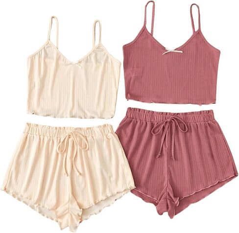 Verdusa Women's 2 Sets Sleepwear Lettuce Trim Cami Top and Shorts Pajama Set in Saudi Arabia