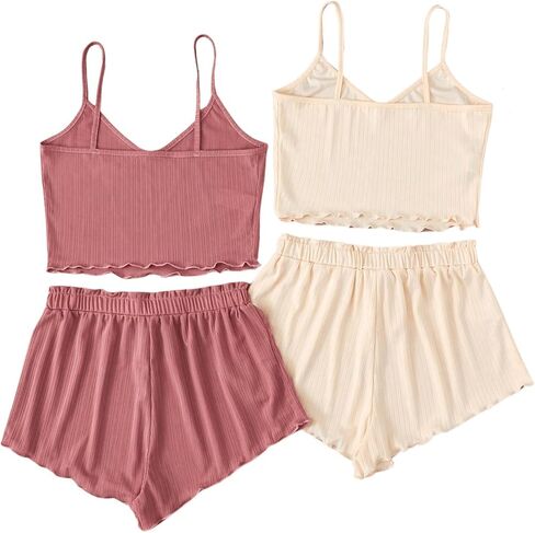 Verdusa Women's 2 Sets Sleepwear Lettuce Trim Cami Top and Shorts Pajama Set in Saudi Arabia