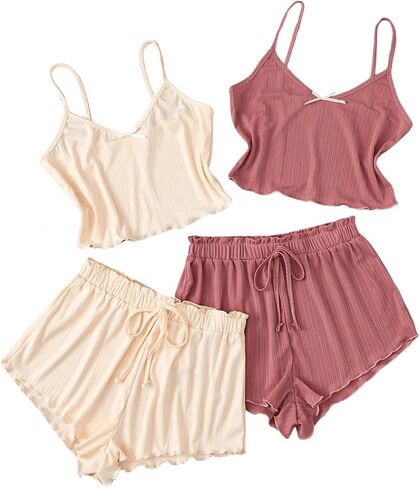 Verdusa Women's 2 Sets Sleepwear Lettuce Trim Cami Top and Shorts Pajama Set in Saudi Arabia