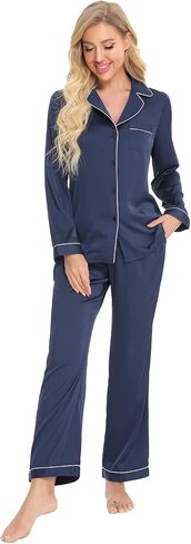 Womens Silk Satin Pajamas Sets Long Sleeve 2 Piece Loungewear Pjs Sets for Ladies, Button Up Sleepwear Lounge Set (Navy Blue XXL) in Saudi Arabia