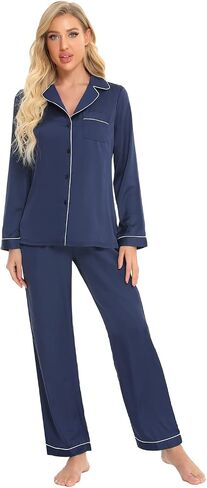 Womens Silk Satin Pajamas Sets Long Sleeve 2 Piece Loungewear Pjs Sets for Ladies, Button Up Sleepwear Lounge Set (Navy Blue XXL) in Saudi Arabia