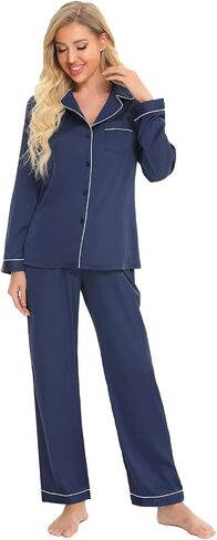 Womens Silk Satin Pajamas Sets Long Sleeve 2 Piece Loungewear Pjs Sets for Ladies, Button Up Sleepwear Lounge Set (Navy Blue XXL) in Saudi Arabia