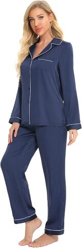 Womens Silk Satin Pajamas Sets Long Sleeve 2 Piece Loungewear Pjs Sets for Ladies, Button Up Sleepwear Lounge Set (Navy Blue XXL) in Saudi Arabia