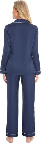 Womens Silk Satin Pajamas Sets Long Sleeve 2 Piece Loungewear Pjs Sets for Ladies, Button Up Sleepwear Lounge Set (Navy Blue XXL) in Saudi Arabia