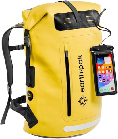 Earth Pak Waterproof Backpack - Heavy Duty Hiking Backpack - Roll-Top Closure - Waterproof Bag - Cushioned Dry Bags Waterproof w/ IPX8 Waterproof Phone Case - Wet Bag for Hiking, Kayak (Yellow, 55L) in Saudi Arabia