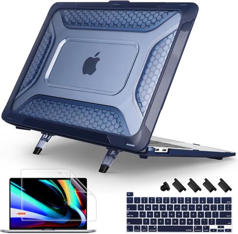 [مسند قابل للطي على شكل قرص العسل 2022] May Chen متوافق مع حافظة MacBook Pro 16 بوصة مع شريط لمس، إصدار 2019 2020 موديل A2141، غطاء حماية صلب بطبقة مزدوجة شديدة التحمل مع ممتص للصدمات من مادة TPU، أزرق داكن in Kuwait
