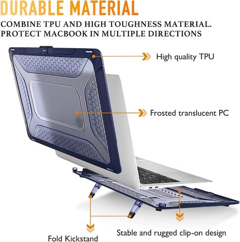 [مسند قابل للطي على شكل قرص العسل 2022] May Chen متوافق مع حافظة MacBook Pro 16 بوصة مع شريط لمس، إصدار 2019 2020 موديل A2141، غطاء حماية صلب بطبقة مزدوجة شديدة التحمل مع ممتص للصدمات من مادة TPU، أزرق داكن in Kuwait