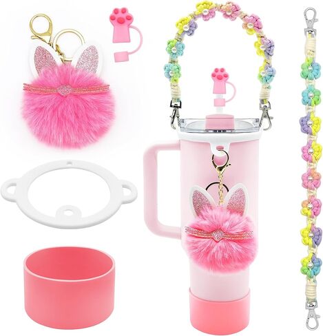 مجموعة إكسسوارات كأس ستانلي - حزام منسوج لمقبض زجاجة المياه، حذاء كأس ستانلي من السيليكون، غطاء بمصاصة مخلب القط ستانلي، سحر ستانلي - مثالي لكوب ستانلي 40 أونصة و30 أونصة (وردي) in Kuwait