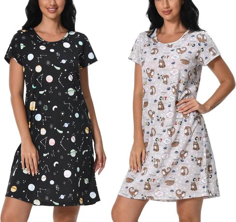 FEREMO 2 Pack Women's Cotton Nightgowns Short Sleeve Sleepshirts Print Sleep Tee Sleepwear for Women in Saudi Arabia