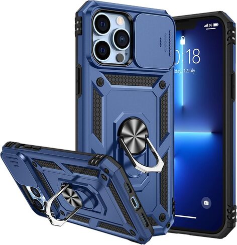 حافظة Goton Armor لهاتف iPhone 13 Pro Max مع حامل مع غطاء كاميرا منزلق ومسند عسكري مقاوم للصدمات شديد التحمل مع حامل مغناطيسي للسيارة لهاتف iPhone 13 Pro Max 6.7 أزرق in Kuwait