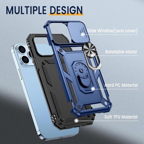 حافظة Goton Armor لهاتف iPhone 13 Pro Max مع حامل مع غطاء كاميرا منزلق ومسند عسكري مقاوم للصدمات شديد التحمل مع حامل مغناطيسي للسيارة لهاتف iPhone 13 Pro Max 6.7 أزرق in Kuwait